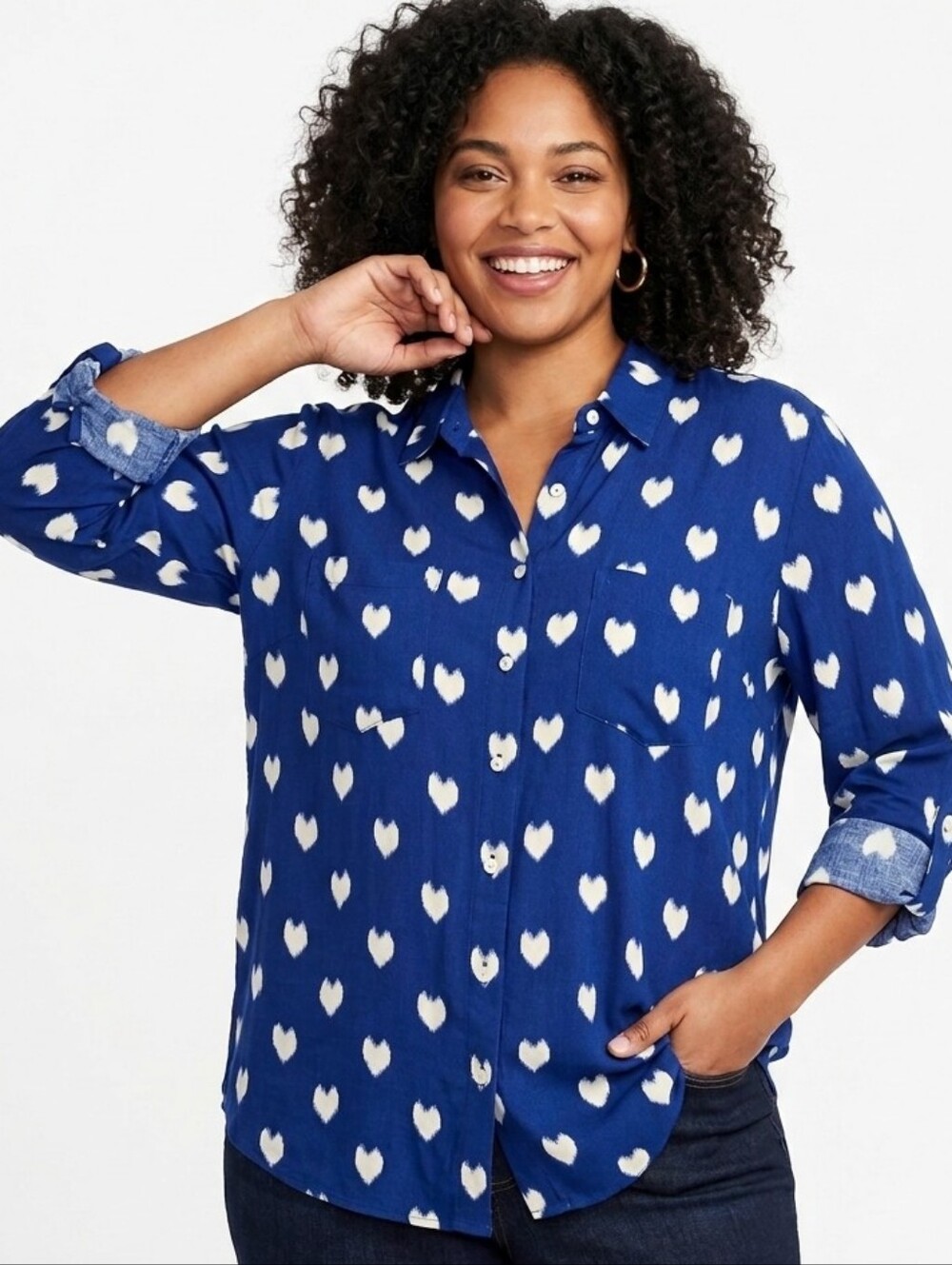 Just Living Plus Size Blue Heart Print Button-Down Shirt